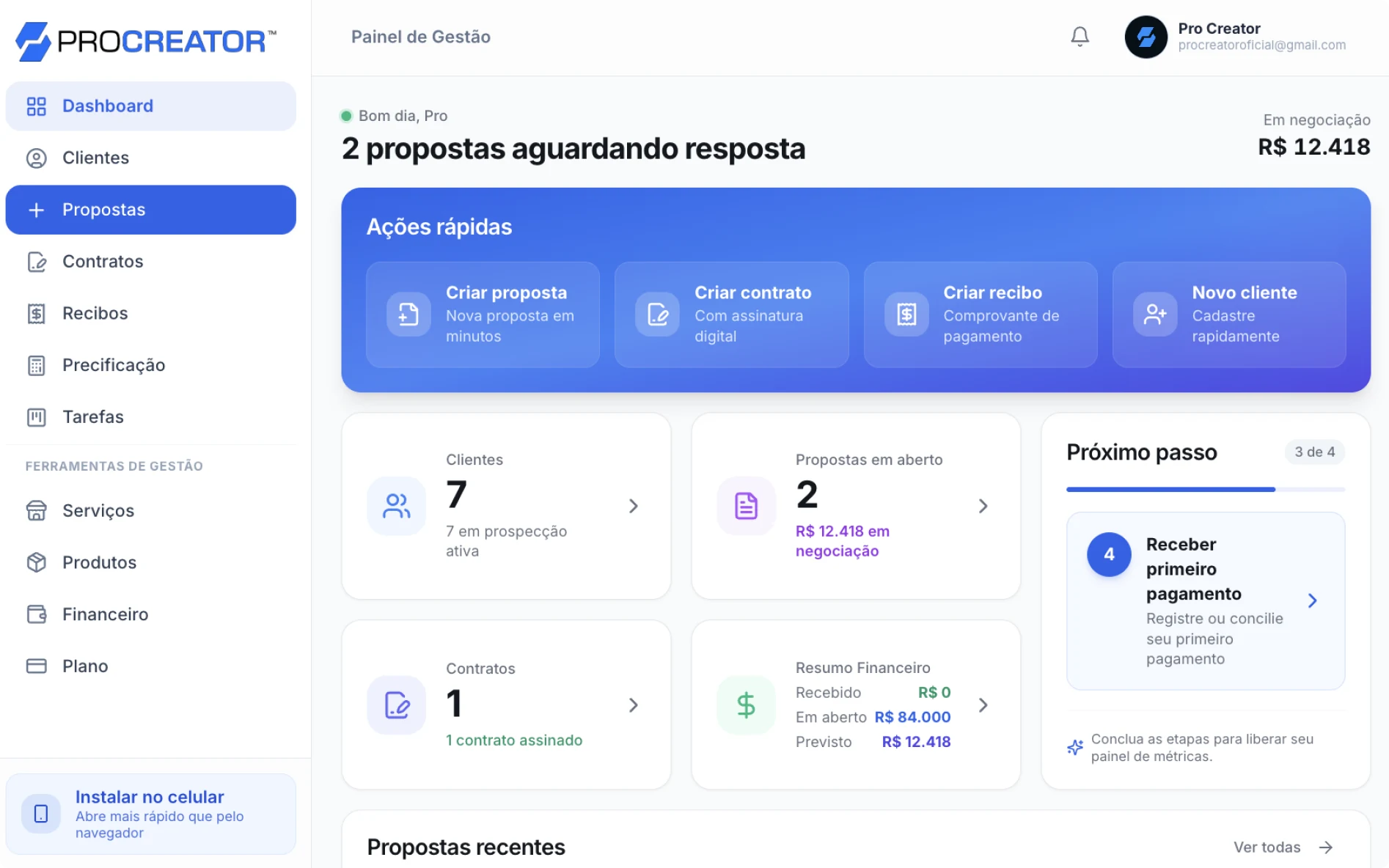 Tela de gestão de clientes do Pro Creator