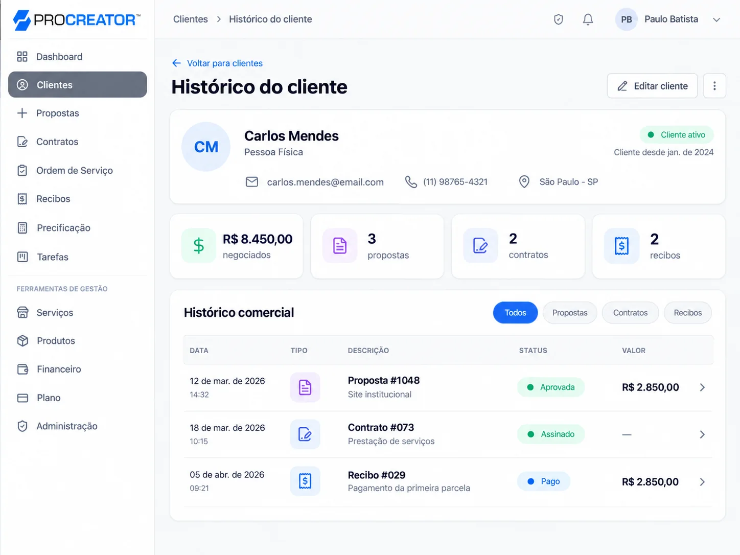 Histórico do cliente Carlos Mendes no Pro Creator, com valores negociados, propostas, contratos, recibos e o histórico comercial.