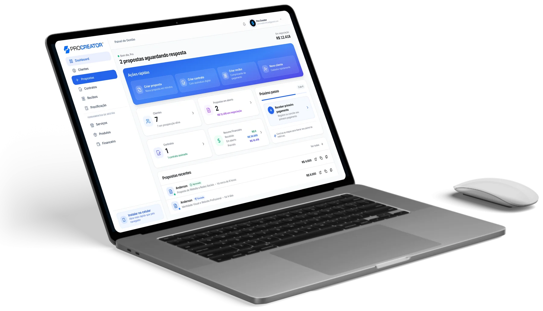 Notebook exibindo o painel do Pro Creator com propostas aguardando resposta, contratos e resumo financeiro