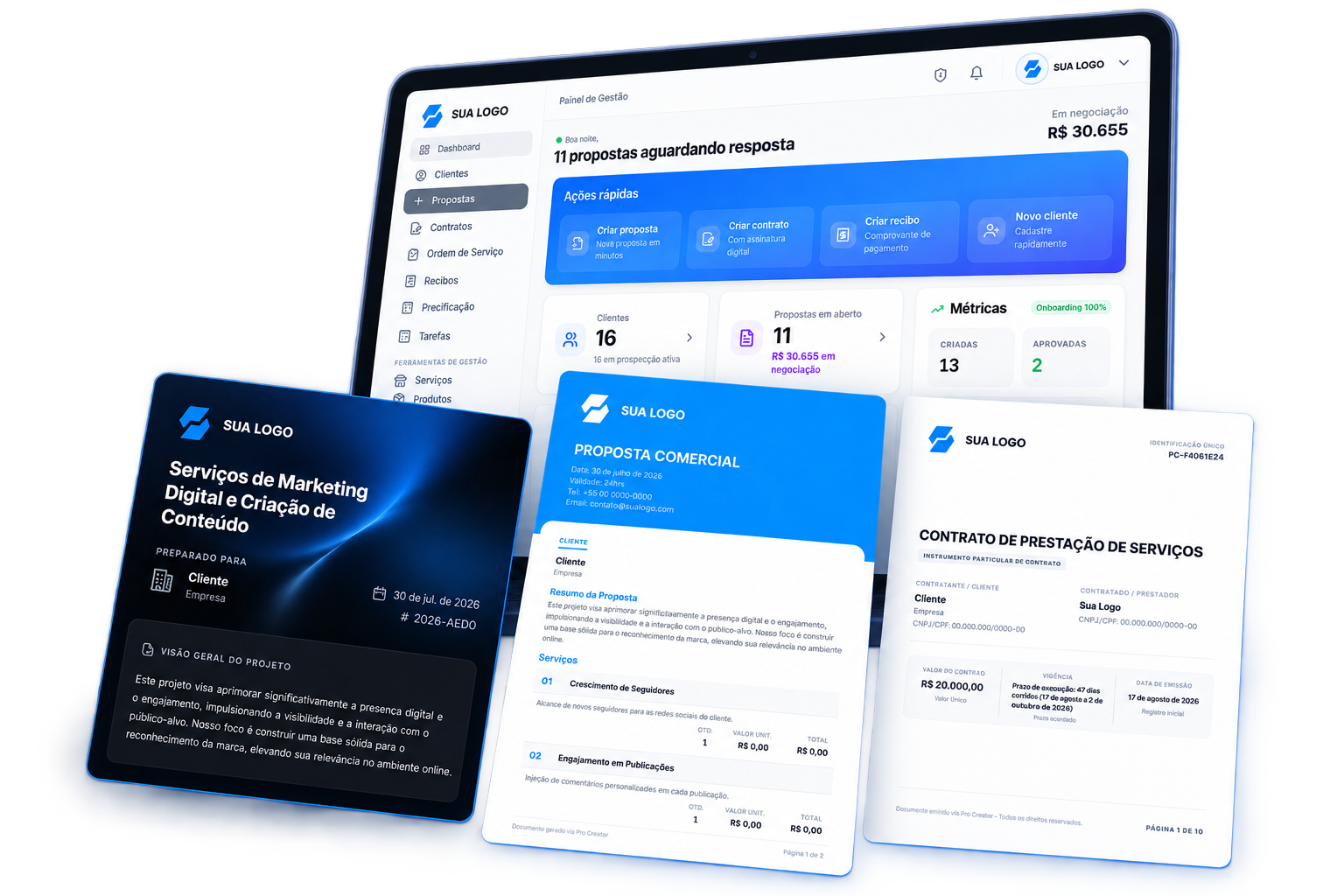 Painel do Pro Creator com proposta, PDF e contrato personalizados com a marca da empresa